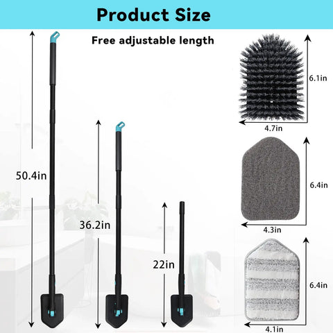 3 In 1 Bathtub Scrubber With Long Reach Extends 51 Inches And Flips Up To 180 Degrees shown in three sizes with brush attachments