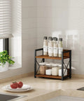 Two Tier Countertop Shelf Organizer For Kitchen Spice Rack And Jar Bottles Top Shelf Wood Counter Storage In Rich Brown with spices.