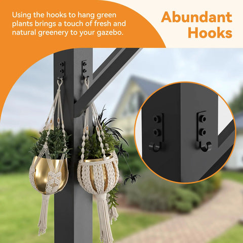 Hardtop Outdoor Grill Gazebo 12x6 With Side Shelf Bottle Opener And Hooks Rustproof Steel Frame showing installed hooks with plants
