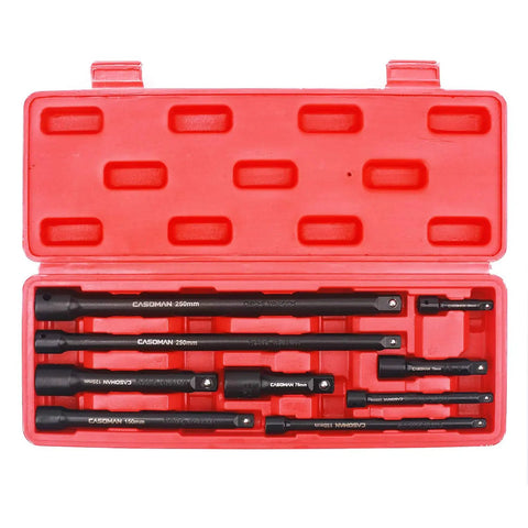 9 Piece Socket Extension Bar Set For 1/4, 3/8, And 1/2 Inch Drives With 2, 4, 6, 3, 6, And 10 Inch Extensions In Chrome Vanadium Steel With Black Phosphate Finish For Durable Auto Maintenance, displayed in red case