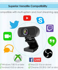 1080P HD Webcam With Built In Microphone And Sturdy Tripod, showing compatibility icons for streaming apps and systems.