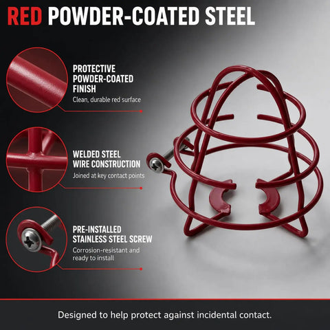 Fire Sprinkler Head Guards For Exposed Half Inch Heads Amp Up Your Rig With Durable Steel Guards Showcasing A Slick Red Powder Coat Finish 12 Pack close-up of red powder-coated steel guard features and construction.