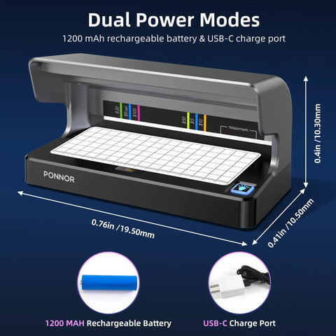 Counterfeit Bill Detector With Dual UV LED Light And Full Backlit Display showing dual power modes and USB-C port.