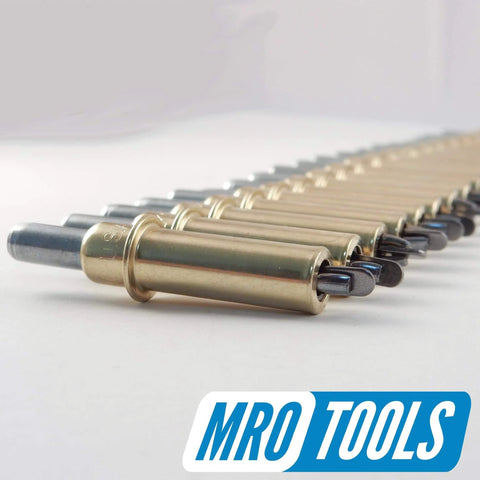 Three Sixteenth Inch Cleco Sheet Metal Fasteners With Cleco Pliers And Carry Bag Brass Color lined up on a surface