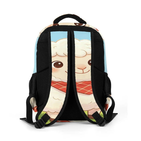 Back view of Smiling Sheep Wearing A Scarf Printed Unisex Backpack with breathable straps and durable polyester build.