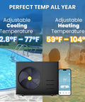 Premium 83000 Btu Electric Pool Heater For Above Ground And Inground Pools With Advanced Evi Compressor adjusting cooling and heating temperatures.