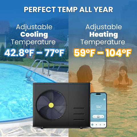 Premium 83000 Btu Electric Pool Heater For Above Ground And Inground Pools With Advanced Evi Compressor adjusting cooling and heating temperatures.