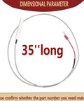 Front view of 35-inch pellet stove thermocouple replacement wire with braided sheath, white ceramic tip, red/black connector.