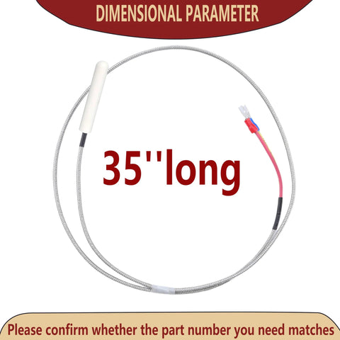 Front view of 35-inch pellet stove thermocouple replacement wire with braided sheath, white ceramic tip, red/black connector.