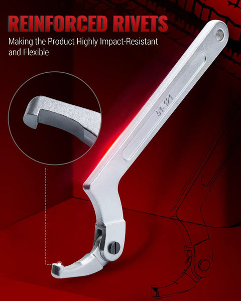 Close-up of an adjustable spanner wrench with reinforced rivets, part of the Adjustable Spanner Wrench Set With Changeable Heads All In One Eleven Piece Tool Kit For Hydraulic Ram Cylinders DIY Ready Machinery And Vehicles With Square Slot And Round Hole Adapters.