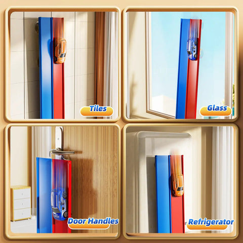 15 Ft Flexible Race Track Set For Kids Ages 3 8 With 2 Small Cars on tiles, glass, door handles, and refrigerator surfaces
