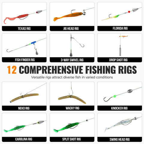 12 fishing rigs from All In One Fishing Tackle Kit With Organized Tackle Box 397 Piece Gear Set Including Hooks Sinkers Swivels Beads Rigs Jigs