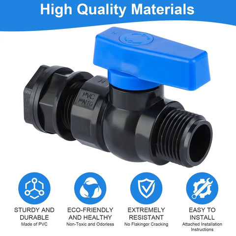 Rain Barrel Spigot Kit With Three Quarter Inch GHT Threads, PVC ball valve with blue handle and threaded ends