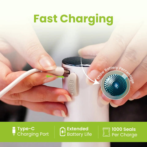Portable Handheld Vacuum Sealer For Food With 32 Reusable Bags being charged via USB-C port showcasing digital display