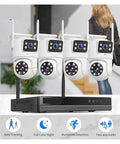 Top Shelf 6MP Dual Lens WiFi CCTV NVR Surveillance Camera Kit With Hella Sharp 3K Resolution showing four cameras and recorder, automatic tracking.