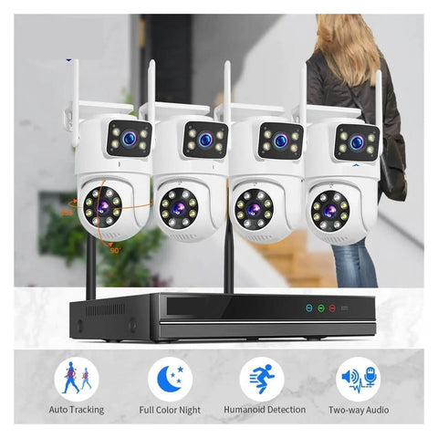 4 cameras and NVR unit of 6Mp Dual Lens Wifi NVR Surveillance Camera Kit with auto tracking features.