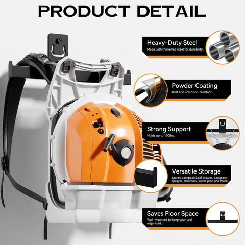 Heavy Duty Power Tool Wall Mount Organizer For Garage Storage Backpack Leaf Blower Holder Backpack Sprayer Rack Chainsaw Blower Storage Weed Eater Hanger Lawn Care Accessories 1 Pack showing heavy-duty steel and versatile storage