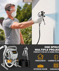 Heavy Duty 700W Electric Airless Paint Sprayer Delivers Slick 2900 PSI Coating Power With Long Extension Pole in use on a wall.