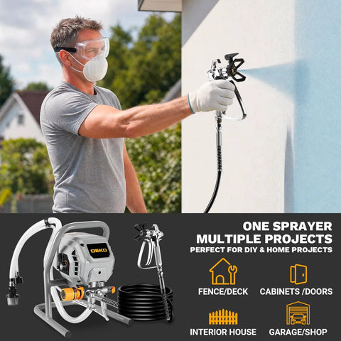 Heavy Duty 700W Electric Airless Paint Sprayer Delivers Slick 2900 PSI Coating Power With Long Extension Pole in use on a wall.