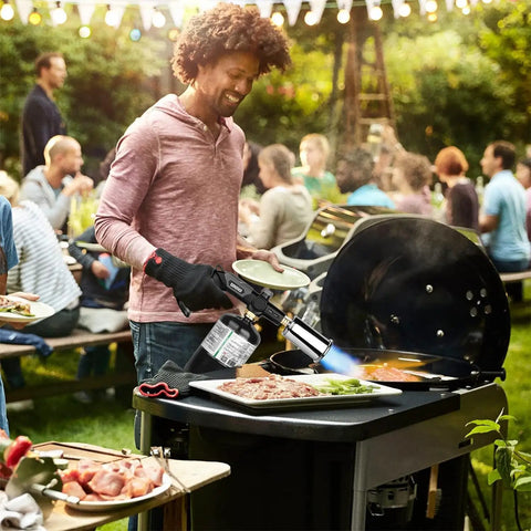 Person using Powerful Propane Torch For Grillin And Cookin, Grilling Steak, Searing, Sous Vide, Welding, And Wood Burning, Adjustable Flame