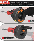 Workhorse Manual Or Drill Powered Drain Snake With Sixteen Point Four Foot Manganese Steel Cable, showing manual and drill mode options.