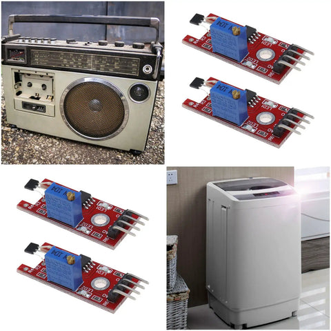 KY 024 Linear Magnetic Hall Effect Sensor Module with potentiometer, shown with retro radio and washing machine, three module views