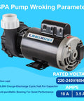3Hp Two Speed Hot Tub Spa Pump Motor Replacement 230V 56 Frame Two Inch Port Heavy Duty Water Jet System side view with specs