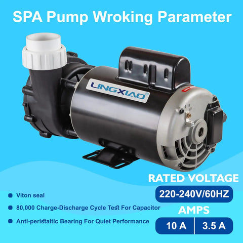 3Hp Two Speed Hot Tub Spa Pump Motor Replacement 230V 56 Frame Two Inch Port Heavy Duty Water Jet System side view with specs