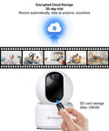2K Indoor Security Cam With 360 Degree View For Pets And Baby, Night Vision, Built In Siren, Local SD Storage, 2.4G WiFi, Easy App Setup, Works With Alexa And Google Assistant showing SD card being inserted.