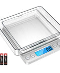 Digital Kitchen Scale With 3000G Capacity And One Hundredth Ounce And One Tenth Gram Precision Pocket Coffee Scale Mini Food Scale For Jewelry Pro Backlit LCD Display Tare And PCS Functions Stainless Steel Batteries Included, showing compact design with trays and batteries