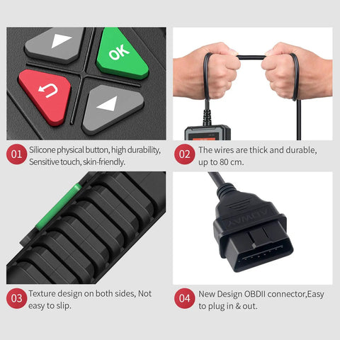 YA101 Upgraded OBD2 Scanner Auto Code Reader controls, cable, texture grip, and OBDII connector details for car diagnostics