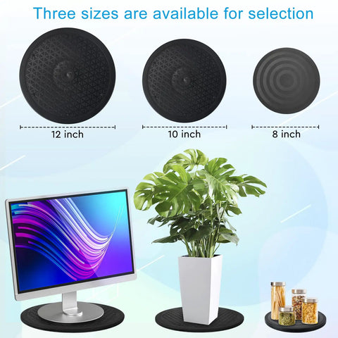 12 Inch Lazy Susan Turntable Organizer With Heavy Duty Rotating Swivel Stand And Steel Ball Bearings; available in three sizes with items like monitor, plant, and jars on black surface