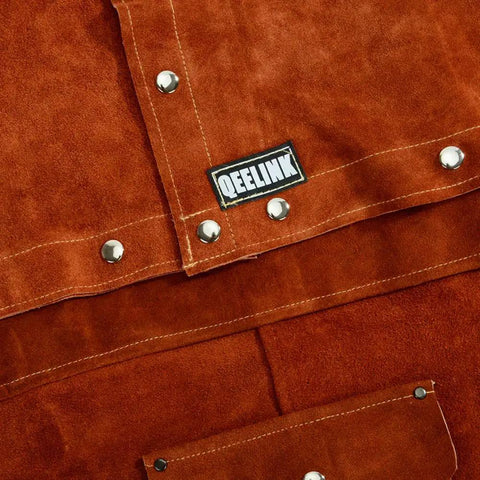 Close-up of Leather Welding Apron With Sleeve Heavy Duty Flame Resistant Shield Open Back Design in rich brown cowhide