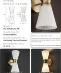 JAZAVA 2-Light Up Down Wall Sconce, Frosted Pleated Glass, Pale Brass with vertically pleated white glass shades.