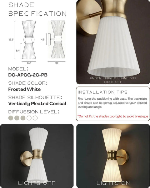 JAZAVA 2-Light Up Down Wall Sconce, Frosted Pleated Glass, Pale Brass with vertically pleated white glass shades.