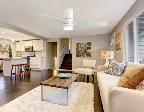 46 Inch White Flush Mount Ceiling Fan With Lights And Remote Control Low Profile Modern Farmhouse Style in living room