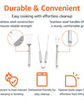 Diagram showing features of 4 Piece Stainless Steel BBQ Grilling Tool Set with Carry Bag, highlighting rust-resistant tongs, fork, and spatula.