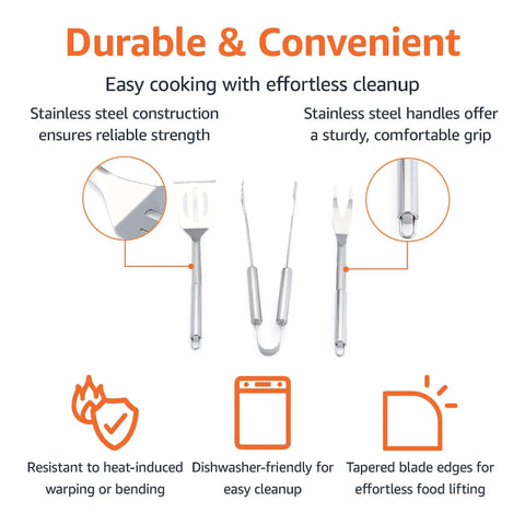 Diagram showing features of 4 Piece Stainless Steel BBQ Grilling Tool Set with Carry Bag, highlighting rust-resistant tongs, fork, and spatula.