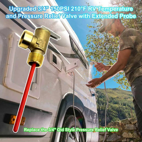 Brass 3/4 inch T&P relief valve with extended probe for RV water heater, mounted on exterior