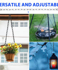 Versatile Heavy Duty Chain with Carabiners used to hang a plant, fire pit, and lantern outdoors, showcasing its adjustable nature.