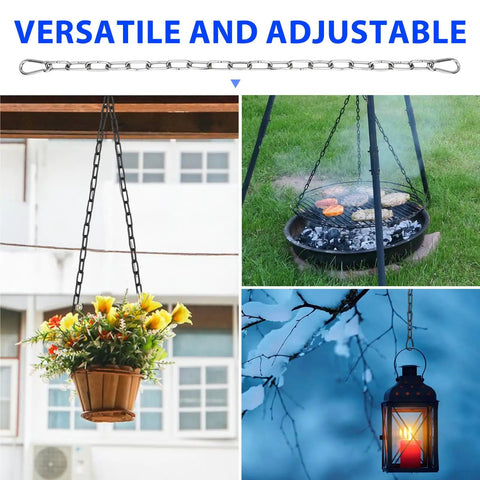 Versatile Heavy Duty Chain with Carabiners used to hang a plant, fire pit, and lantern outdoors, showcasing its adjustable nature.