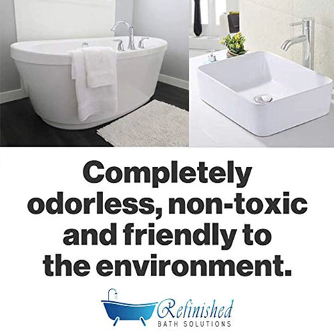 Pour On Tub And Tile Reglazing Kit For Sinks And Tubs, DIY Bathroom Remodel With Gloss White Finish displayed with tub and sink