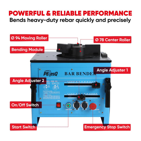 Peresq Rb-25 Portable Electric Hydraulic Rebar Bender 1700W Machine with control panel and bending features.