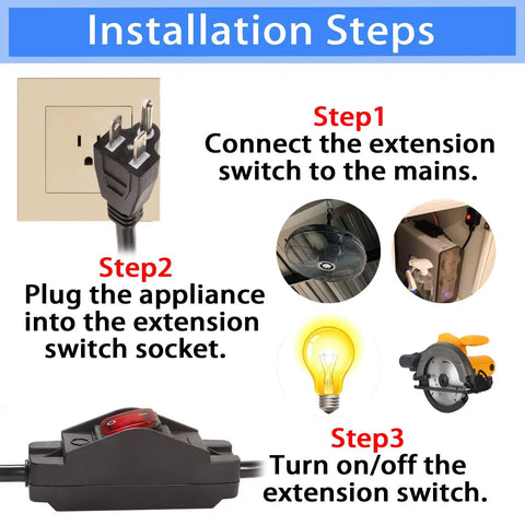 Installation steps for Tough As Nails 8Ft Outdoor Extension Cord With Waterproof Inline Switch 15Amp 14Awg Power Cable.