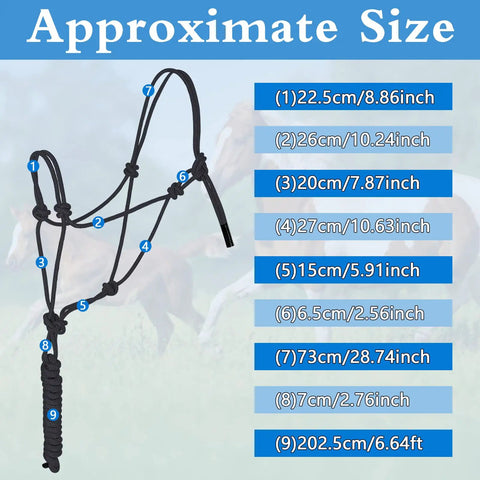 Two Color Horse Rope Halters Set with size details, featuring black and turquoise braided nylon, 0.31 inch thick for training