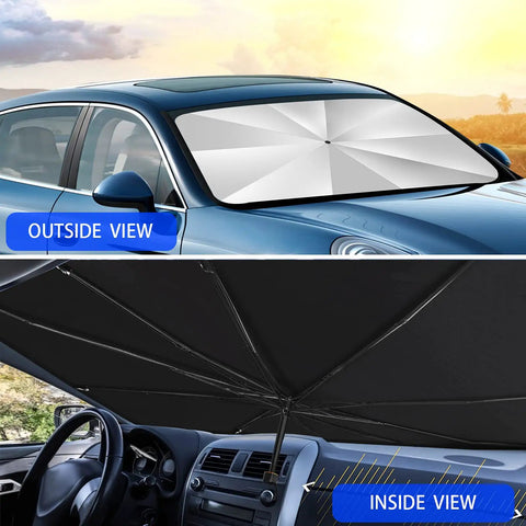Foldable Car Windshield Sun Shade Umbrella With UV Block Coating Keeps Interior Cool On Blazing Hot Days 57 Inch By 31 Inch Shield Heat Shield Car Cover For Summer Drives Easy To Install, shown from outside and inside the car.
