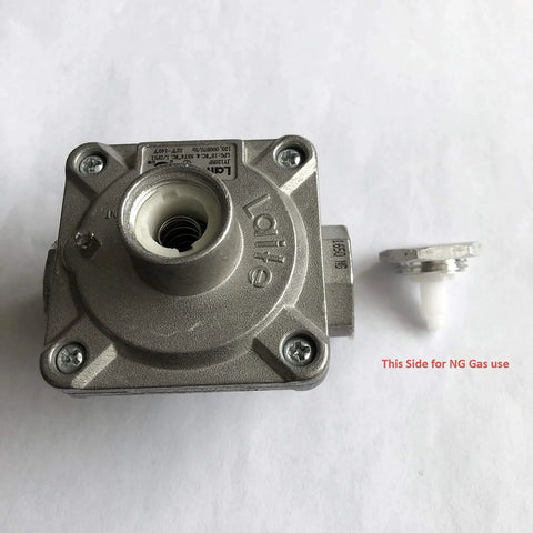 Front view of a silver natural gas grill regulator with square metal body and 1/2 in NPT inlet/outlet; small cap nearby.