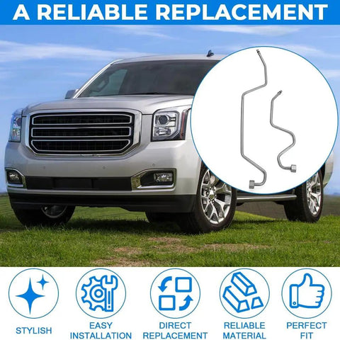 Beefed Up Rack And Pinion Transfer Lines Replacement Kit Direct Fit For 2008 2014 Tahoe Suburban Avalanche Yukon Sierra Silverado And Cadillac Escalade ESV 15254059 15254058 shown with vehicle.