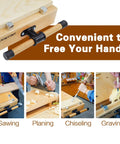 Heavy Duty Portable Woodworking Bench Vise Crafted From Premium Hardwood With Four Dead Simple Bench Dogs and Dual Lockdown Clamps, showcasing sawing and chiseling.
