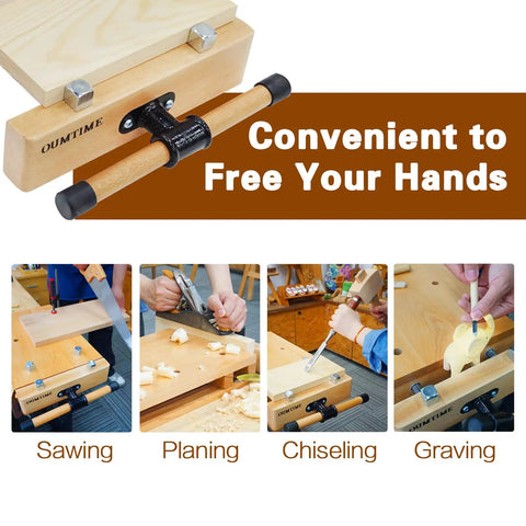 Heavy Duty Portable Woodworking Bench Vise Crafted From Premium Hardwood With Four Dead Simple Bench Dogs and Dual Lockdown Clamps, showcasing sawing and chiseling.